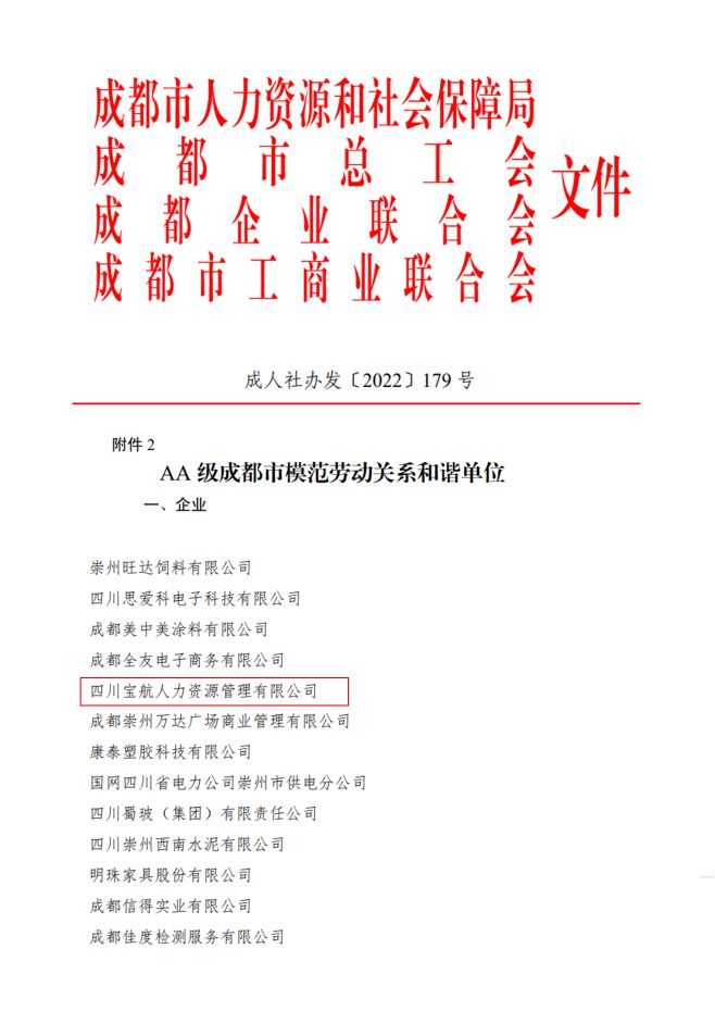 喜報(bào)|寶航人力集團(tuán)榮獲AA級成都市模范勞動關(guān)系和諧單位
